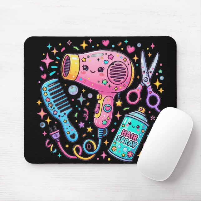 Tapis De Souris Outils de coiffeur dans le style d'art Kawaii (Avec souris)