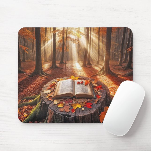 Tapis De Souris Ouvrir le livre sur la souche d'arbre d'automne (Avec souris)