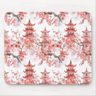 Tapis De Souris Pagode asiatique vintage Fleurs roses Art Scénique