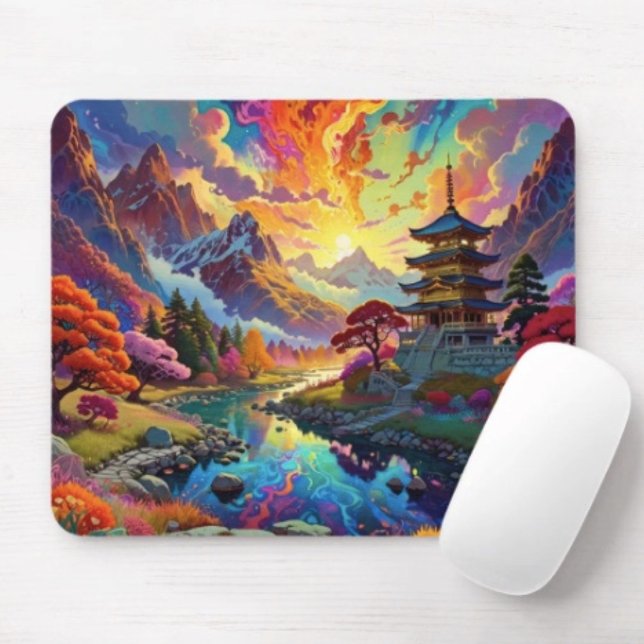Tapis De Souris Pagode et paysage coloré  (Vibrant Pagoda  Fantasy Landscape mouse pad durable dust and stain resistant.. Non-slip rubber.)