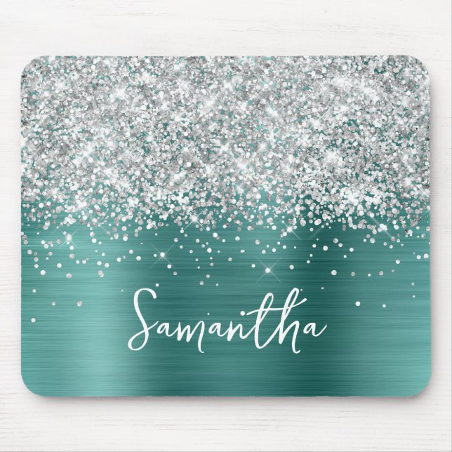 Tapis De Souris Pailleté Argent Aqua Sarcelle Nom Glam (Devant)