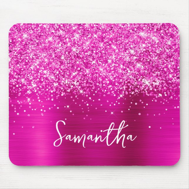 Tapis De Souris Pailleté Rose Chaud Glam Nom (Devant)