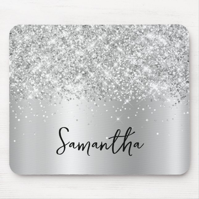 Tapis De Souris Paillettes Argentées Brillant Nom Glam (Devant)