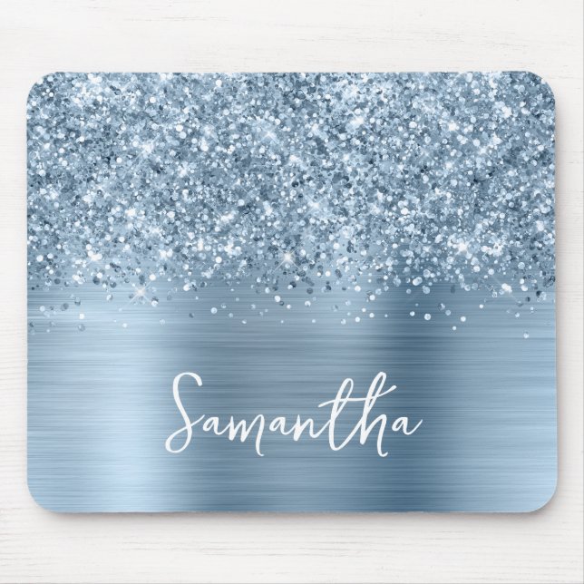 Tapis De Souris Paillettes Bleu Clair Glam Nom (Devant)
