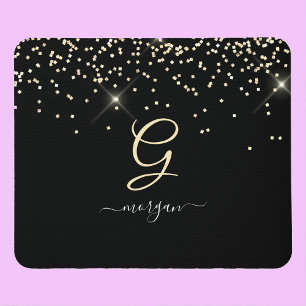 Tapis De Souris Paillettes dorées et monogramme Nom en écriture bl