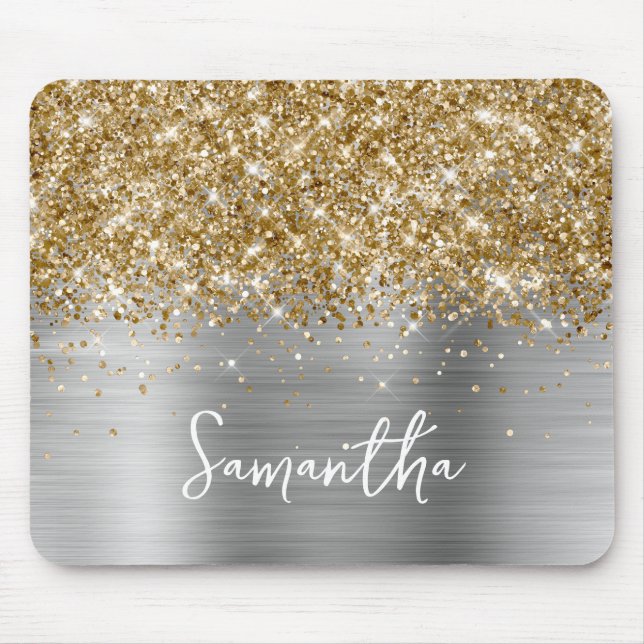 Tapis De Souris Paillettes dorées Glam argent Nom (Devant)