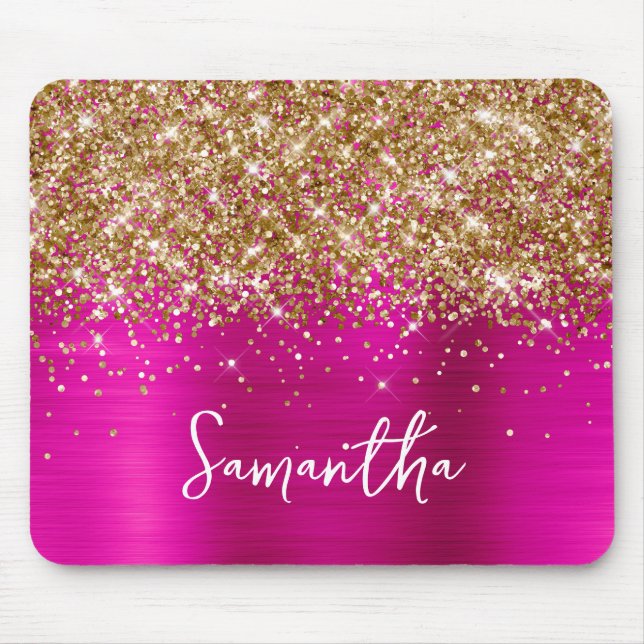 Tapis De Souris Paillettes dorées rose chaud Nom glamour (Devant)