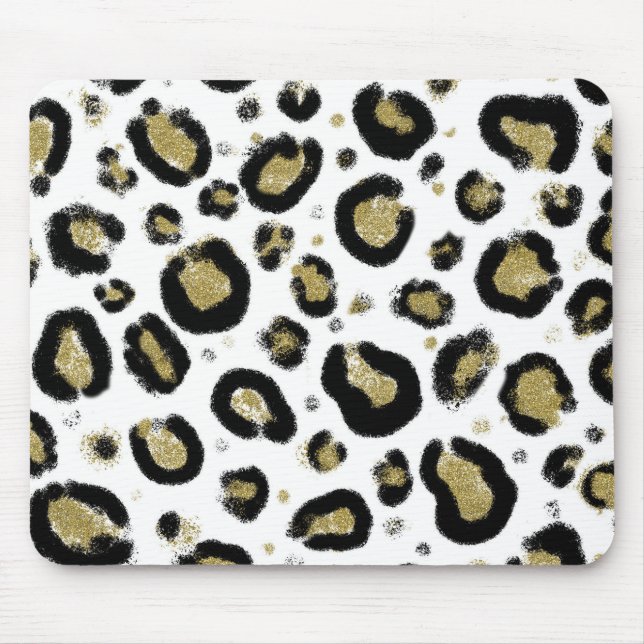 Tapis De Souris Paillettes Or Blanc & Imprimé Léopard Guépard Noir (Devant)