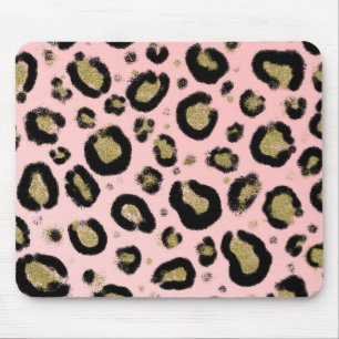 Tapis De Souris Paillettes Or Rose et Imprimé Léopard Guépard Noir