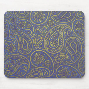 Tapis De Souris Paisley doré vintage sur fond bleu