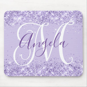 Tapis De Souris Pâle Monogramme de Glitter Lavande Élégant Script