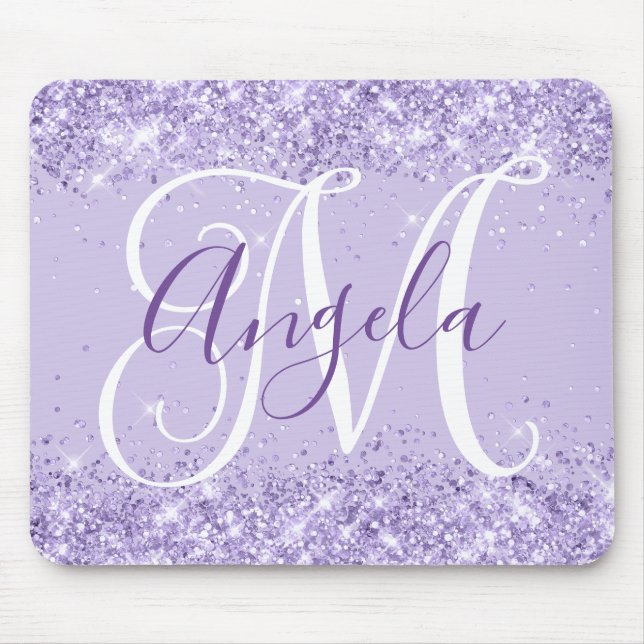 Tapis De Souris Pâle Monogramme de Glitter Lavande Élégant Script (Devant)