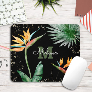 Tapis De Souris Palme de feuillage tropical Monogramme Or Noir