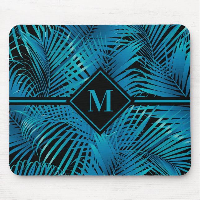 Tapis De Souris Palmes noires Turquoise Monogramme (Devant)