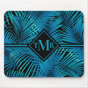 Tapis De Souris Palmes noires Turquoise Monogramme