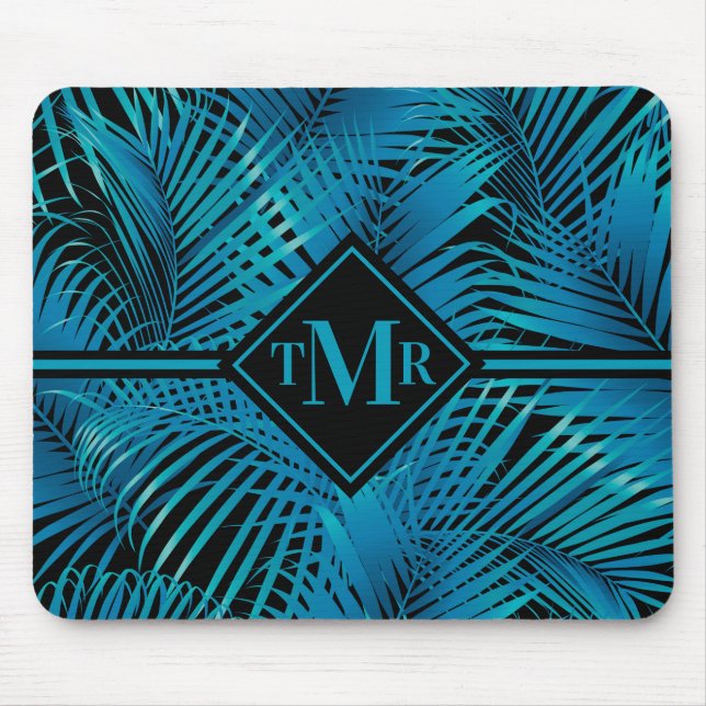 Tapis De Souris Palmes noires Turquoise Monogramme (Devant)