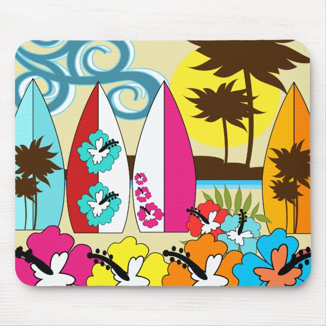 Tapis De Souris Palmier surfant de planches de surf de plage (Devant)