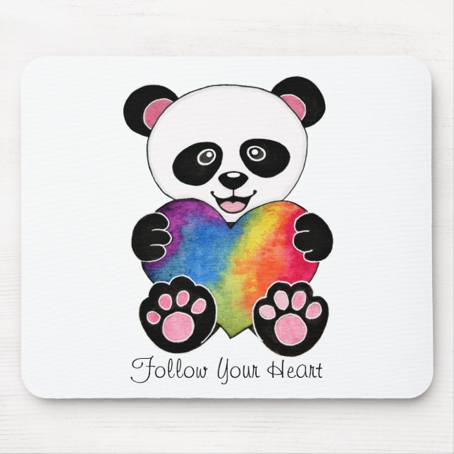 Tapis De Souris Panda Aquarelle Cute Avec Coeur Arc En Ciel (Devant)