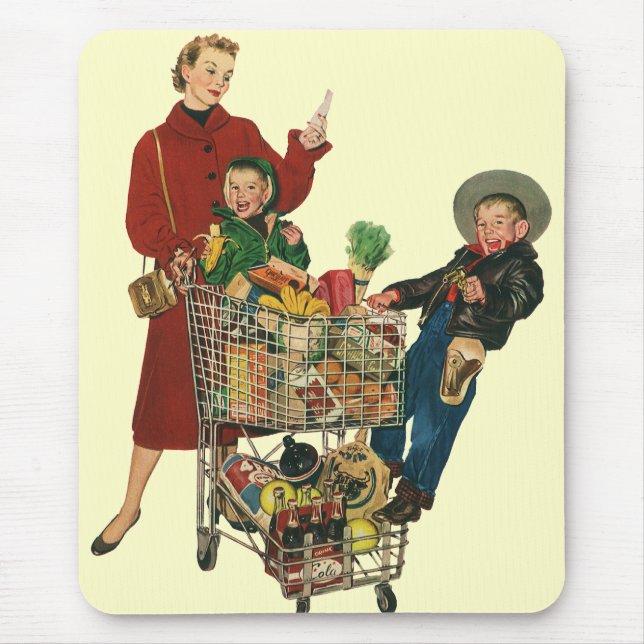 Tapis De Souris Panier d'épicerie Retro Family, Mom and Kids (Devant)