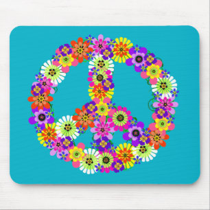 Tapis De Souris Panneau de paix Floral sur Turquoise