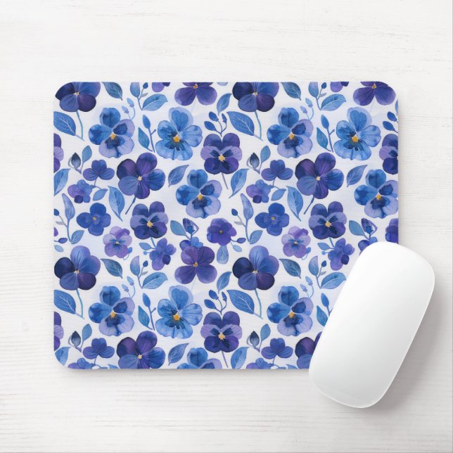 Tapis De Souris Pansies de style aquarelle bleu violet imprimé Flo (Avec souris)