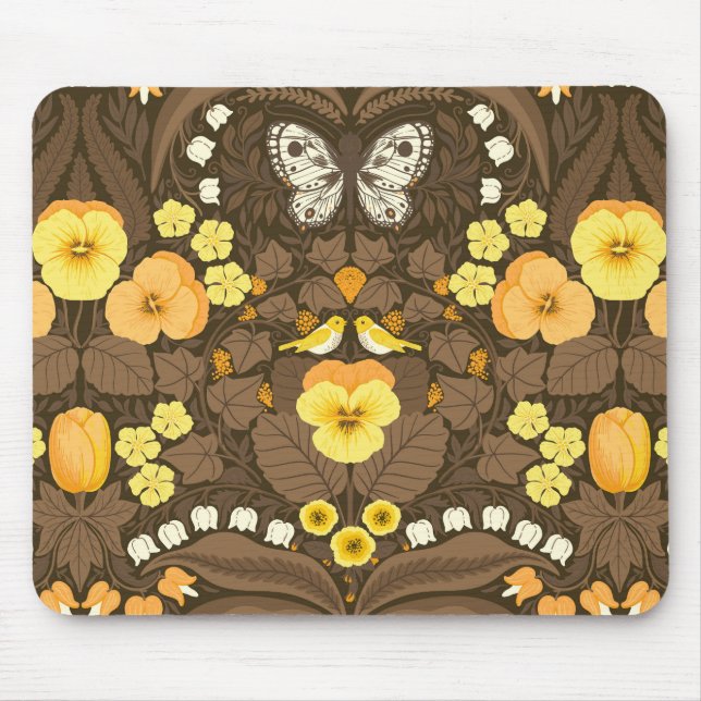 Tapis De Souris Pansies jaunes, oiseaux et papillons (Devant)