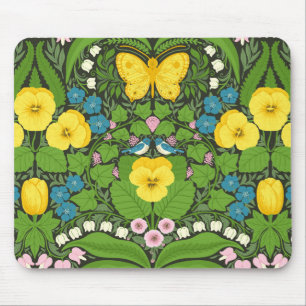 Tapis De Souris Pansies jaunes, oiseaux et papillons