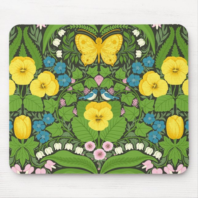 Tapis De Souris Pansies jaunes, oiseaux et papillons (Devant)
