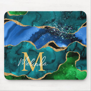 Tapis De Souris Paon bleu et vert Faux Paillettes Agate