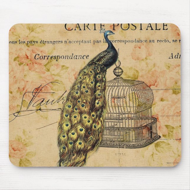 Tapis De Souris paon botanique français de cru de nouveau d'art (Devant)