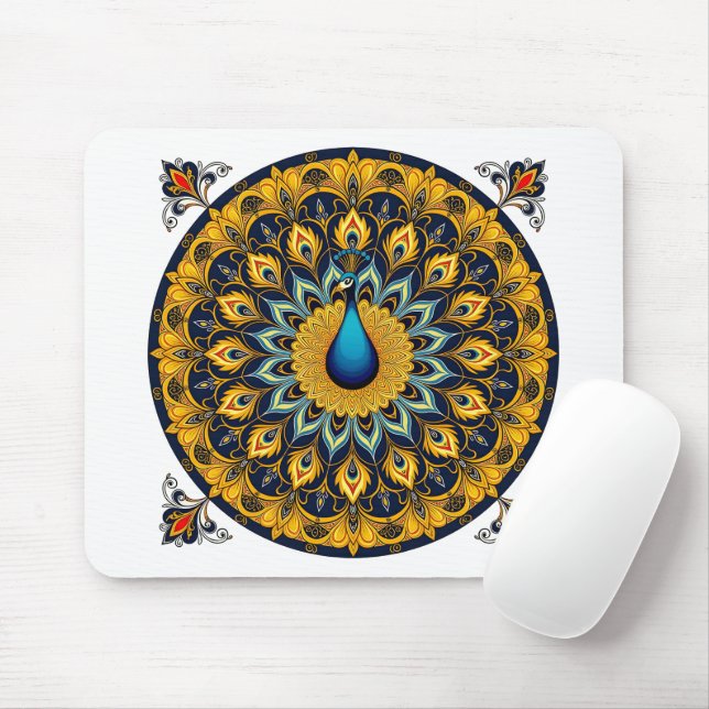 Tapis De Souris Paon décoratif sur fond blanc (Avec souris)