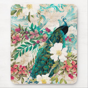 Tapis De Souris Paon et fleurs illustrés antiques grunge
