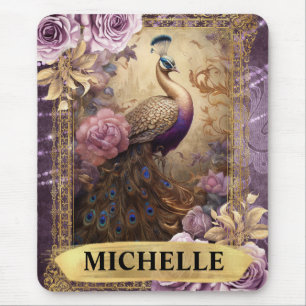 Tapis De Souris Paon romantique et roses violettes Fantaisie