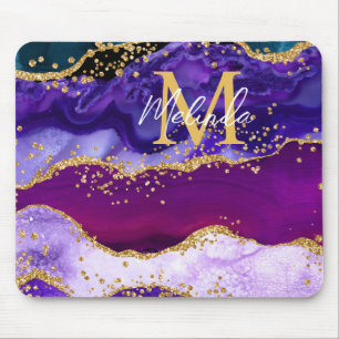 Tapis De Souris Paon Violet et Bleu Faux Paillettes Agate