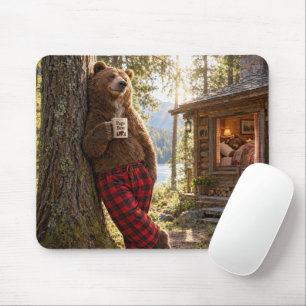 Tapis De Souris Papa Ours se détendant dans les bois avec du café