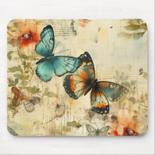 Tapis De Souris Papier floral papillon sarcelle orange antique