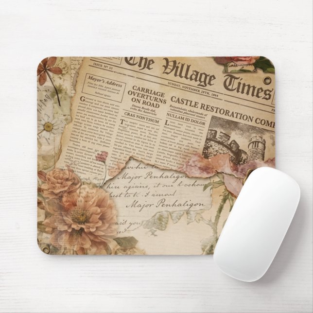 Tapis De Souris Papier Journal Floral Esthétique Mignon (Avec souris)