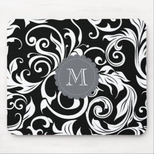 Tapis De Souris Papier peint floral de monogramme blanc noir