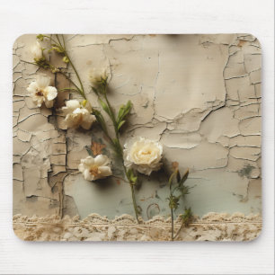 Tapis De Souris Papier vieilli avec motif de fleurs rustiques blan