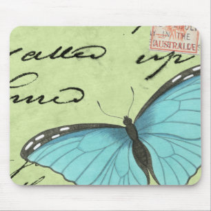 Tapis De Souris Papillon à ailes bleues sur carte postale Turquois