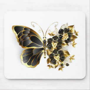 Tapis De Souris Papillon à fleurs d'or avec orchidée noire