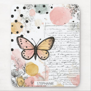 Tapis De Souris Papillon aquarelle rose or art boho nature