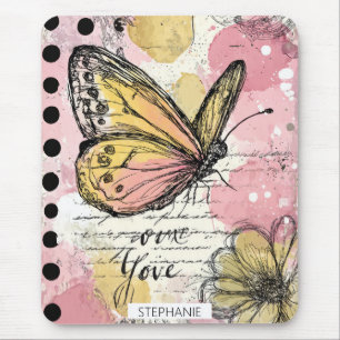 Tapis De Souris Papillon aquarelle rose or boho art de la nature (