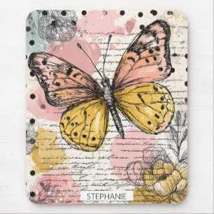 Tapis De Souris Papillon aquarelle rose or boho art nature (3)