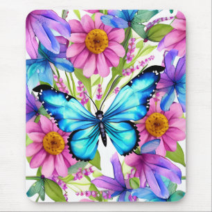 Tapis De Souris Papillon bleu dans un champ de fleurs