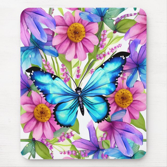 Tapis De Souris Papillon bleu dans un champ de fleurs (Devant)
