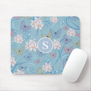 Tapis De Souris Papillon bleu Monogramme floral Mousepad