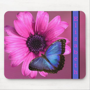Tapis De Souris Papillon bleu Morpho et marguerite