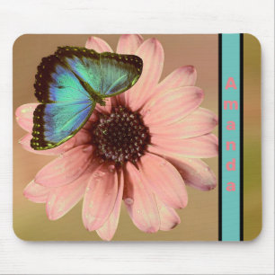 Tapis De Souris Papillon bleu Morpho et marguerite