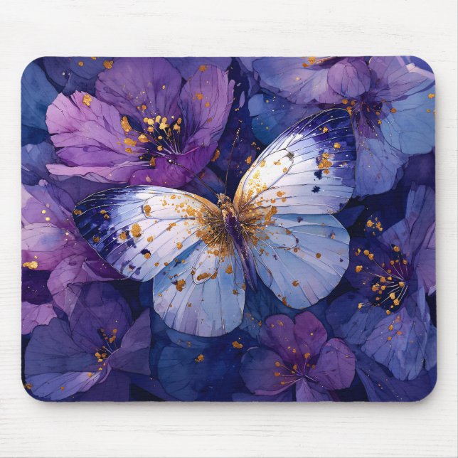 Tapis De Souris Papillon Bleu sur Fleurs Violettes (Devant)